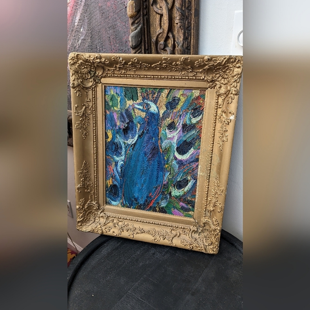 Oil on canvas peacock painting by Hunt Slonem.  11" x 14".  Painted 2011.